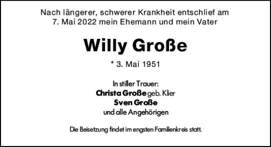 Traueranzeige von Willy Große von vrm-trauer Wiesbadener Kurier