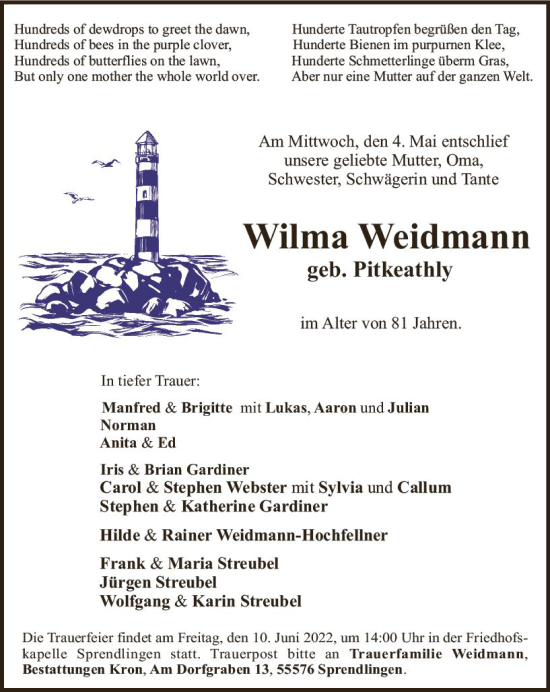 Traueranzeige von Wilma Weidmann von vrm-trauer Allg. Zeitung Bad Kreuznach