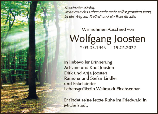 Traueranzeige von Wolfgang Joosten von vrm-trauer Odenwälder Echo