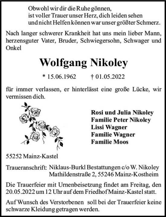 Traueranzeige von Wolfgang Nikoley von vrm-trauer Wiesbadener Kurier