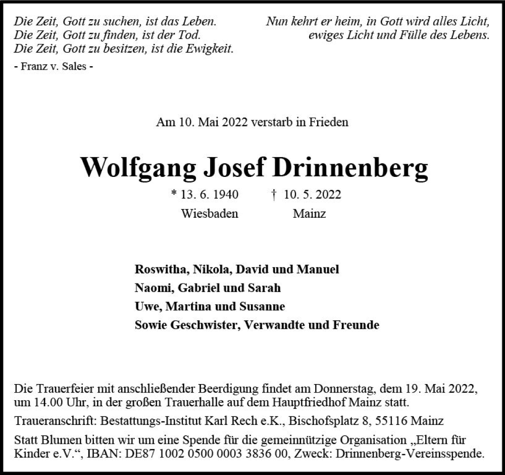 Traueranzeige für Wolfgang Josef Drinnenberg vom 14.05.2022 aus vrm-trauer AZ Mainz