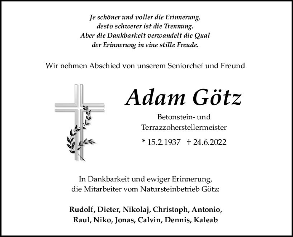  Traueranzeige für Adam Götz vom 27.06.2022 aus vrm-trauer Odenwälder Echo