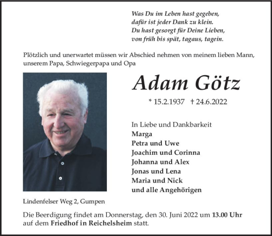 Traueranzeige von Adam Götz von vrm-trauer Odenwälder Echo