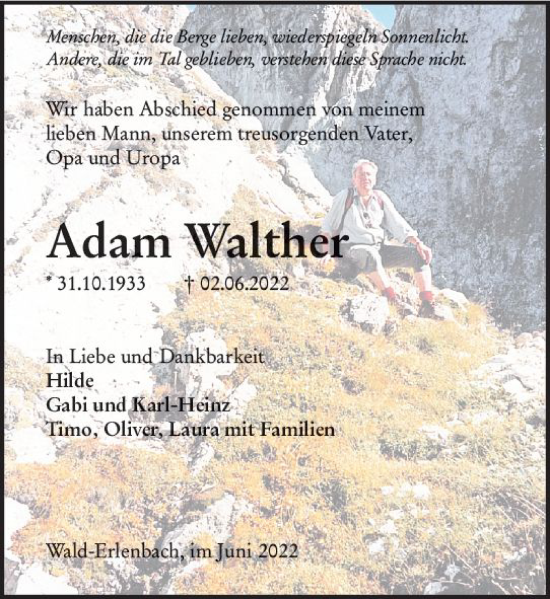 Traueranzeige von Adam Walther von vrm-trauer Bürstädter/Lamperth. Ztg/Starkenburger