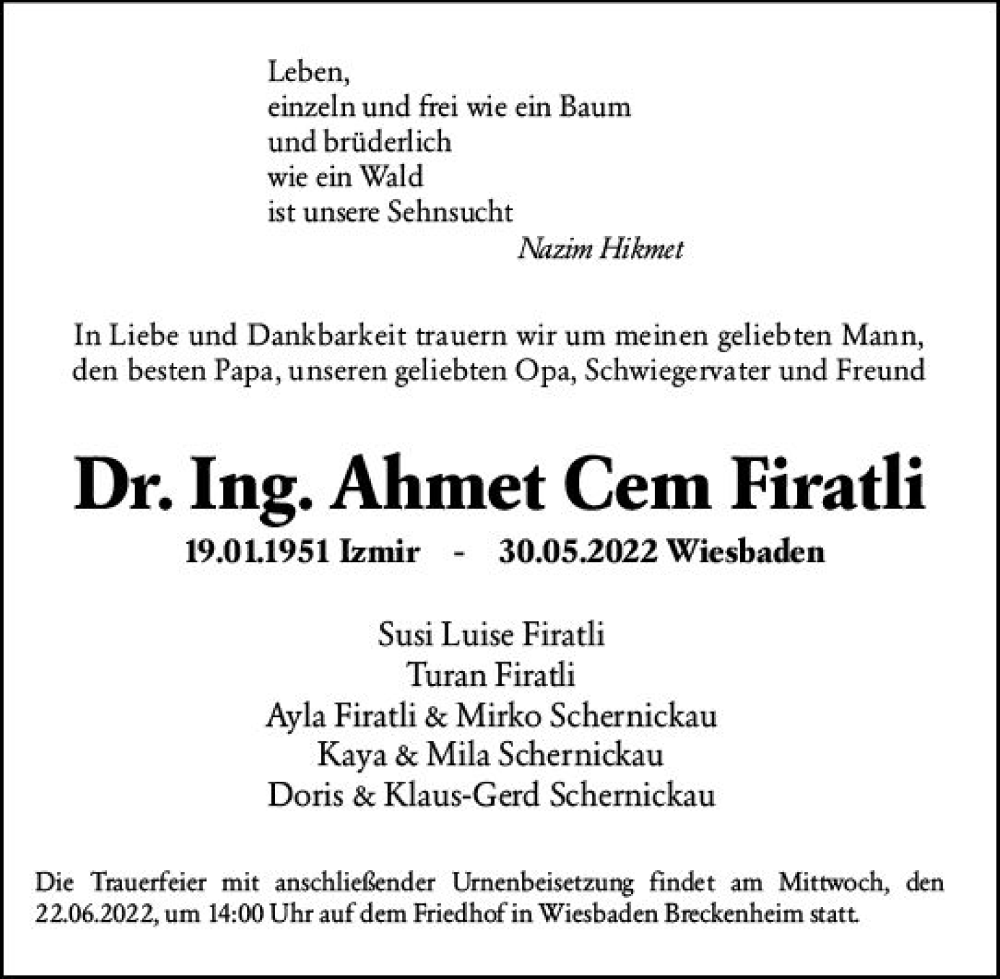  Traueranzeige für Ahmet Cem Firatli vom 07.06.2022 aus vrm-trauer Wiesbadener Kurier