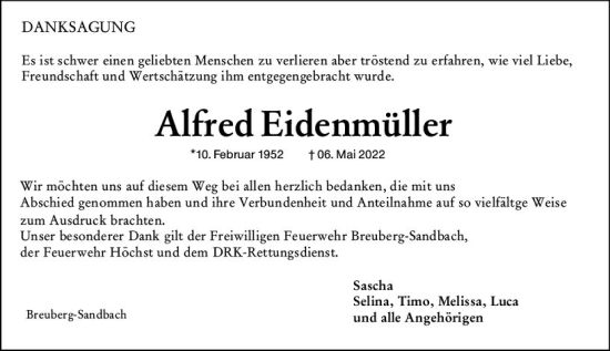 Traueranzeige von Alfred Eidenmüller von vrm-trauer Odenwälder Echo