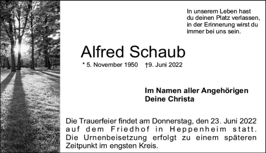 Traueranzeige von Alfred Schaub von vrm-trauer Bürstädter/Lamperth. Ztg/Starkenburger