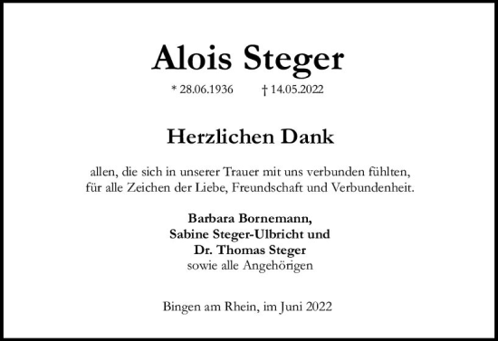 Traueranzeige von Alois Steger von vrm-trauer Allgemeine  Zeitung Ingelheim-Bingen