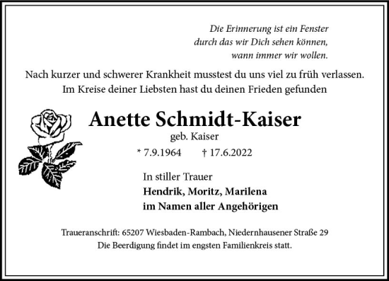 Traueranzeige von Anette Schmidt-Kaiser von vrm-trauer Wiesbadener Kurier