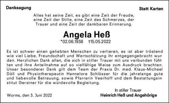 Traueranzeige von Angela Heß von vrm-trauer Wormser Zeitung