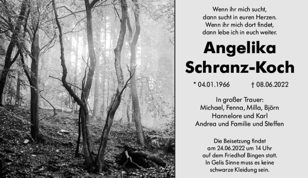  Traueranzeige für Angelika Schranz-Koch vom 18.06.2022 aus vrm-trauer Allgemeine  Zeitung Ingelheim-Bingen