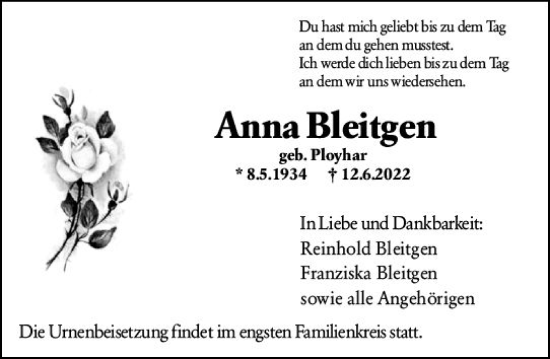 Traueranzeige von Anna Bleitgen von vrm-trauer Wiesbadener Kurier