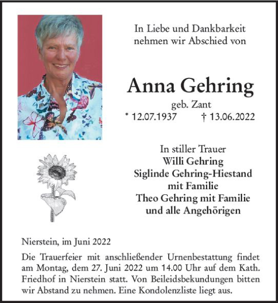Traueranzeige von Anna Gehring von vrm-trauer AZ Mainz