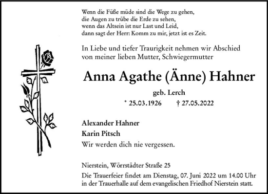 Traueranzeige von Anna Agathe Hahner von vrm-trauer AZ Mainz