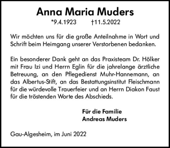 Traueranzeige von Anna Maria Muders von vrm-trauer Allgemeine  Zeitung Ingelheim-Bingen