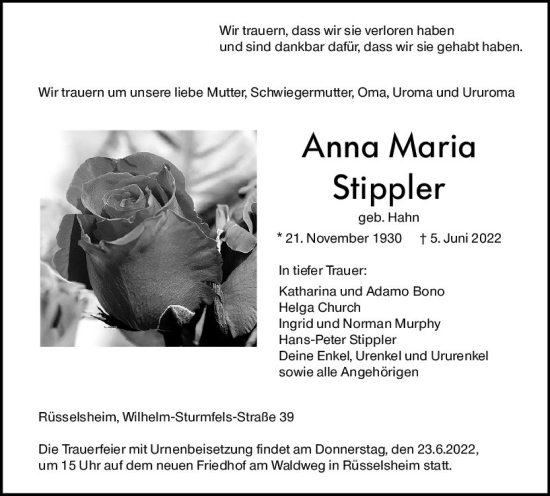 Traueranzeige von Anna Maria Stippler von vrm-trauer Rüsselsheimer Echo / MainSpitze