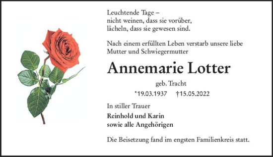 Traueranzeige von Annemarie Lotter von vrm-trauer Bürstädter/Lamperth. Ztg/Starkenburger