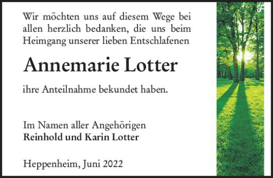 Traueranzeige von Annemarie Lotter von vrm-trauer Bürstädter/Lamperth. Ztg/Starkenburger