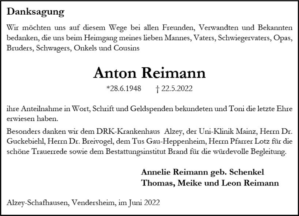  Traueranzeige für Anton Reimann vom 18.06.2022 aus vrm-trauer Allgemeine Zeitung Alzey