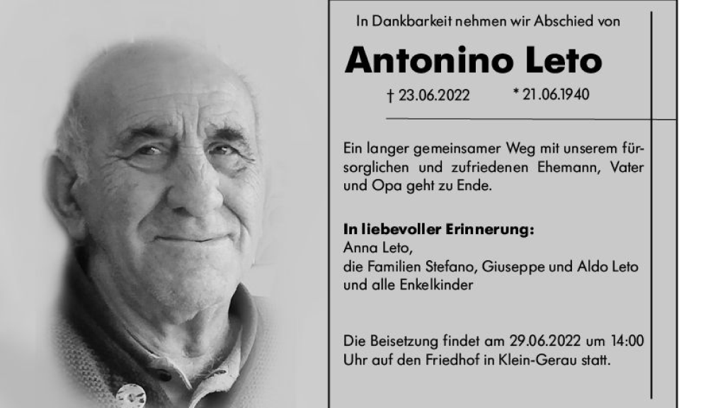  Traueranzeige für Antonino Leto vom 27.06.2022 aus vrm-trauer Groß-Gerauer Echo