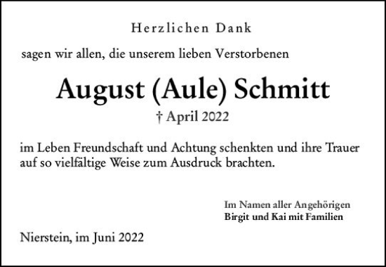 Traueranzeige von August Schmitt von vrm-trauer AZ Mainz