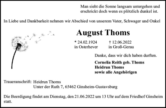 Traueranzeige von August Thoms von vrm-trauer AZ Mainz