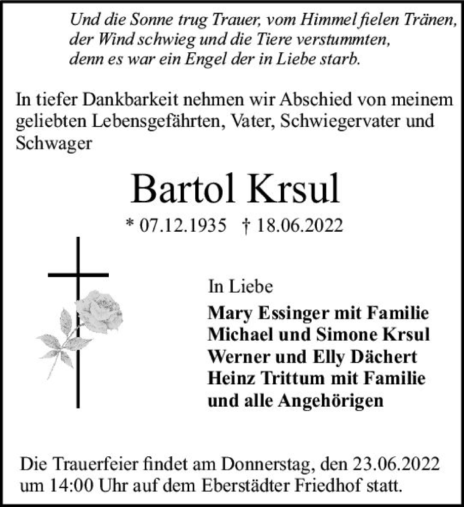  Traueranzeige für Bartol Krsul vom 22.06.2022 aus vrm-trauer Darmstädter Echo