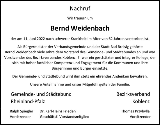 Traueranzeige von Bernd Weidenbach von vrm-trauer AZ Mainz