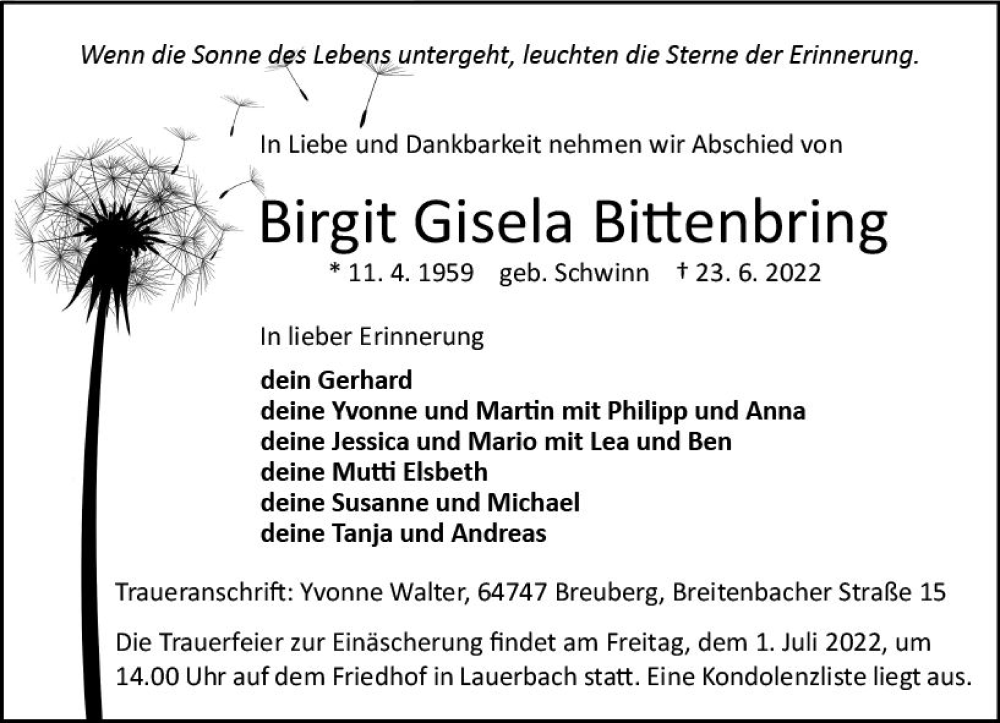  Traueranzeige für Birgit Gisela Bittenbring vom 29.06.2022 aus vrm-trauer Odenwälder Echo