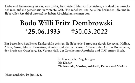Traueranzeige von Bodo Willi Fritz Dornbrowski von vrm-trauer AZ Mainz