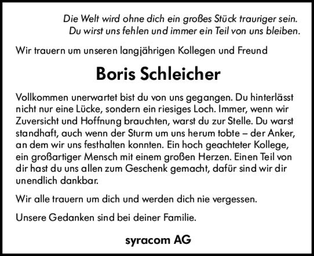  Traueranzeige für Boris Schleicher vom 03.06.2022 aus vrm-trauer Wiesbadener Kurier