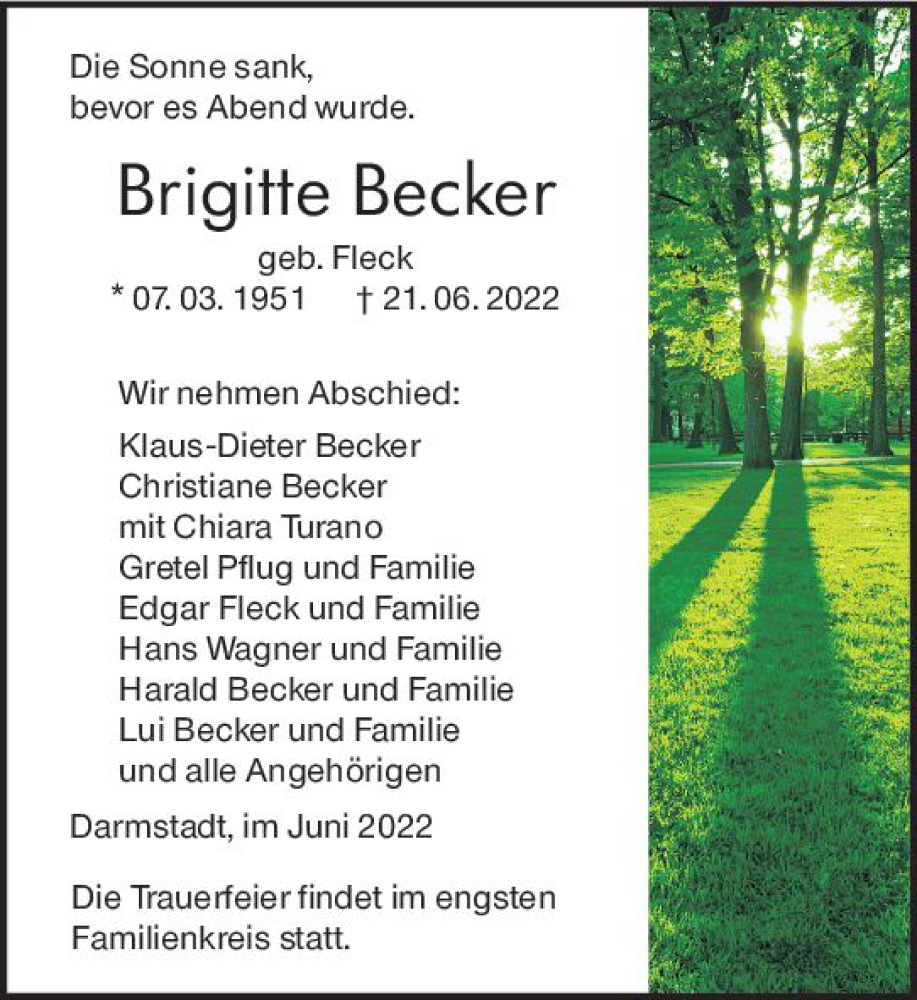  Traueranzeige für Brigitte Becker vom 25.06.2022 aus vrm-trauer Darmstädter Echo