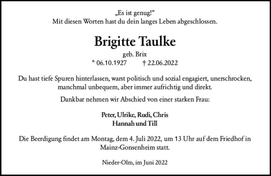 Traueranzeige von Brigitte Taulke von vrm-trauer AZ Mainz