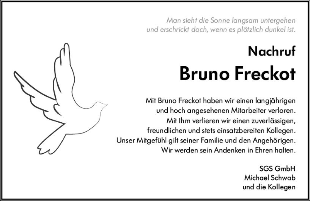  Traueranzeige für Bruno Freckot vom 22.06.2022 aus vrm-trauer Wormser Zeitung