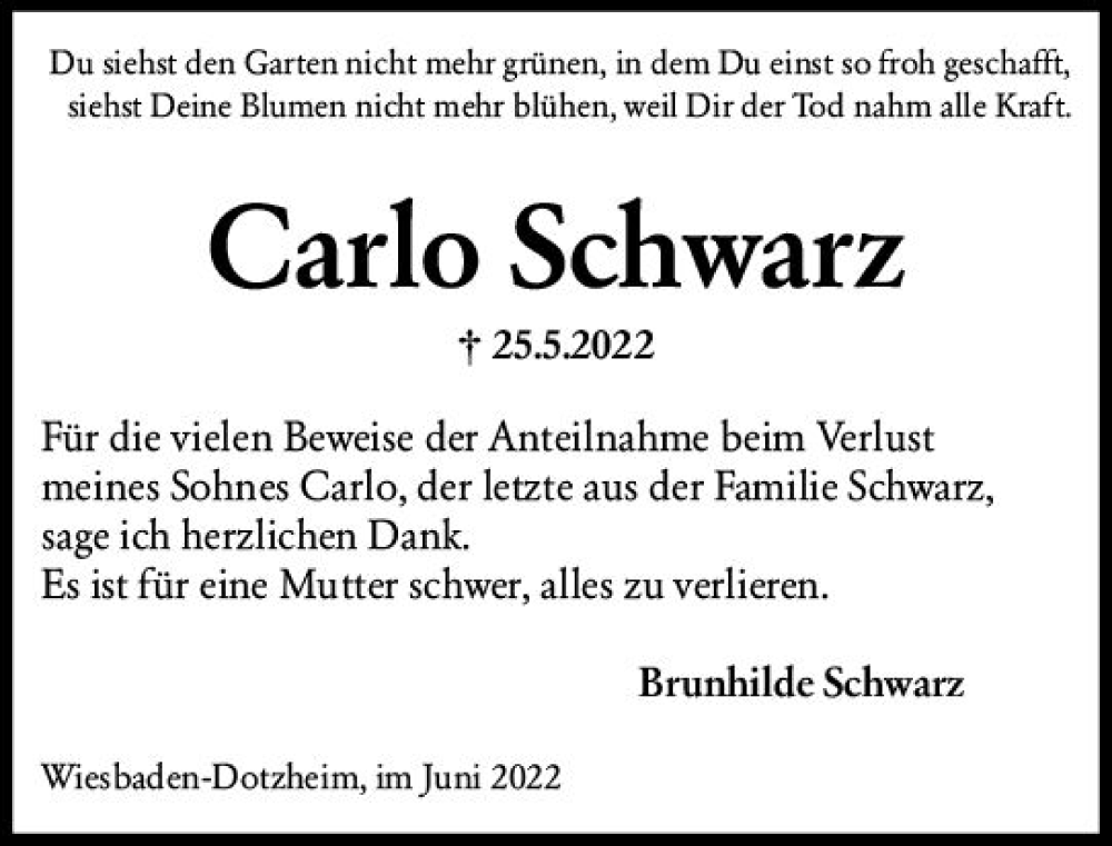 Traueranzeige für Carlo Schwarz vom 25.06.2022 aus vrm-trauer Wiesbadener Kurier