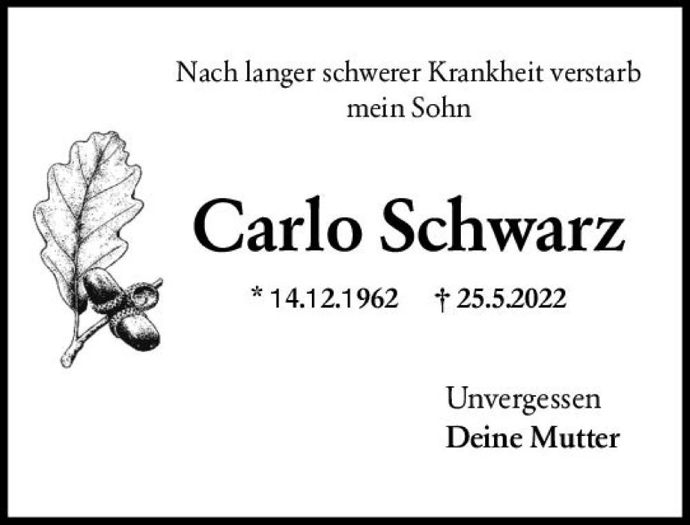  Traueranzeige für Carlo Schwarz vom 04.06.2022 aus vrm-trauer Wiesbadener Kurier