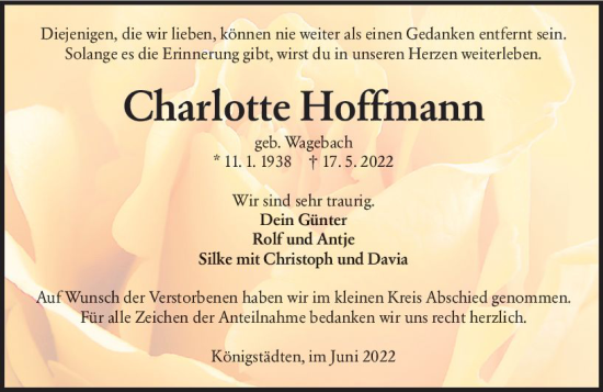 Traueranzeige von Charlotte Hoffmann von vrm-trauer Rüsselsheimer Echo / MainSpitze