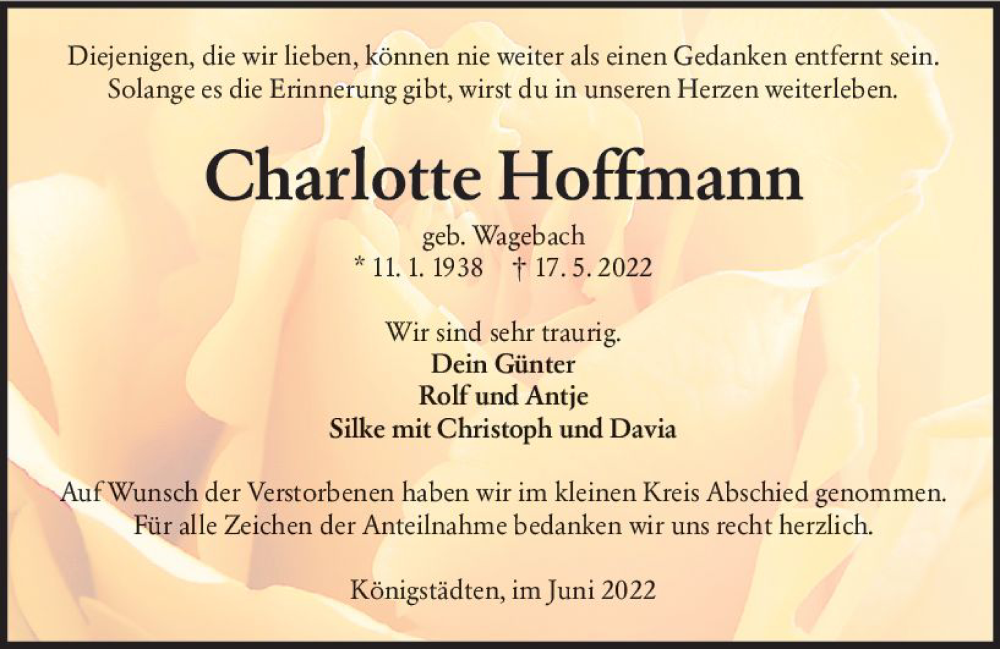  Traueranzeige für Charlotte Hoffmann vom 18.06.2022 aus vrm-trauer Rüsselsheimer Echo / MainSpitze