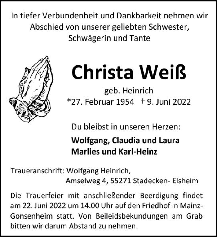  Traueranzeige für Christa Weiß vom 18.06.2022 aus vrm-trauer AZ Mainz