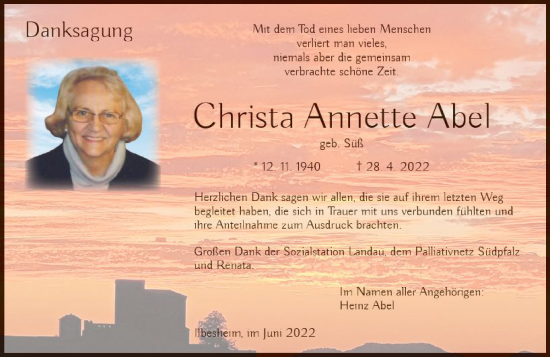 Traueranzeige von Christa Annette Abel von vrm-trauer AZ Mainz