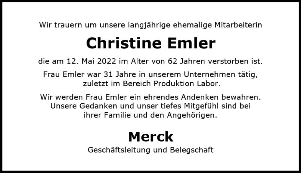  Traueranzeige für Christine Emler vom 04.06.2022 aus vrm-trauer Darmstädter Echo