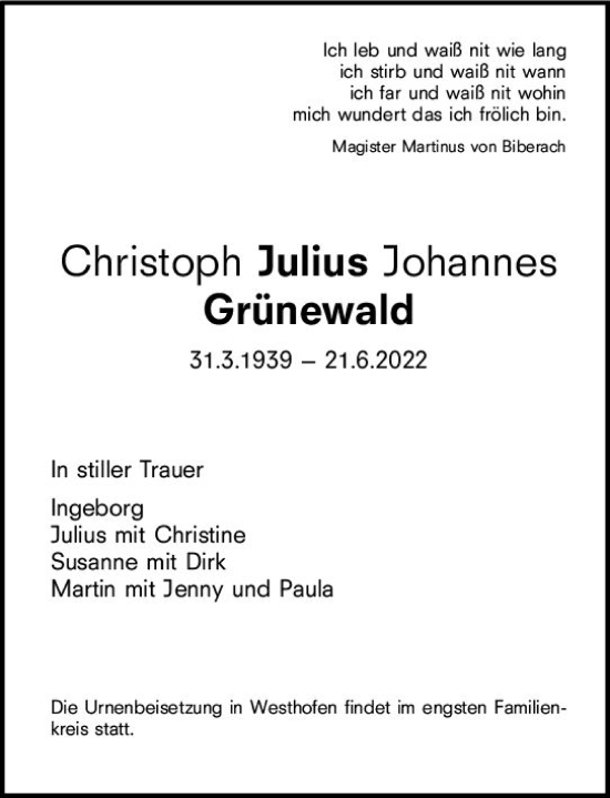 Traueranzeige von Christoph Julius Johannes Grünewald von vrm-trauer Wormser Zeitung