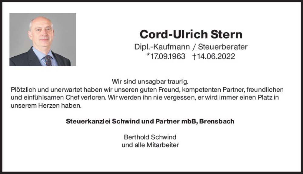  Traueranzeige für Cord-Ulrich Stern vom 18.06.2022 aus vrm-trauer Odenwälder Echo