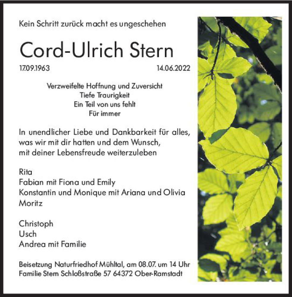  Traueranzeige für Cord-Ulrich Stern vom 25.06.2022 aus vrm-trauer Wiesbadener Kurier