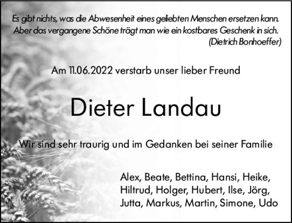  Traueranzeige für Dieter Landau vom 18.06.2022 aus vrm-trauer Groß-Gerauer Echo