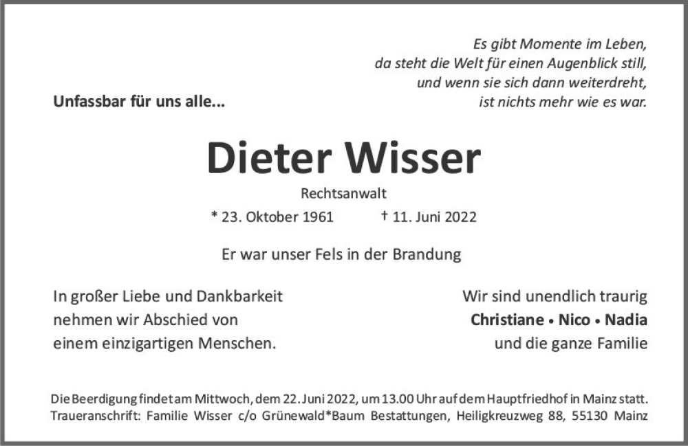  Traueranzeige für Dieter Wisser vom 18.06.2022 aus vrm-trauer Allgemeine  Zeitung Ingelheim-Bingen