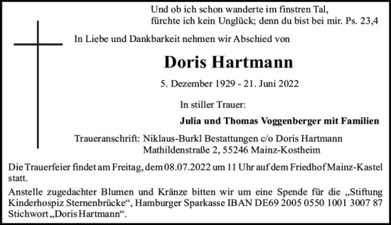 Traueranzeige von Doris Hartmann von vrm-trauer AZ Mainz