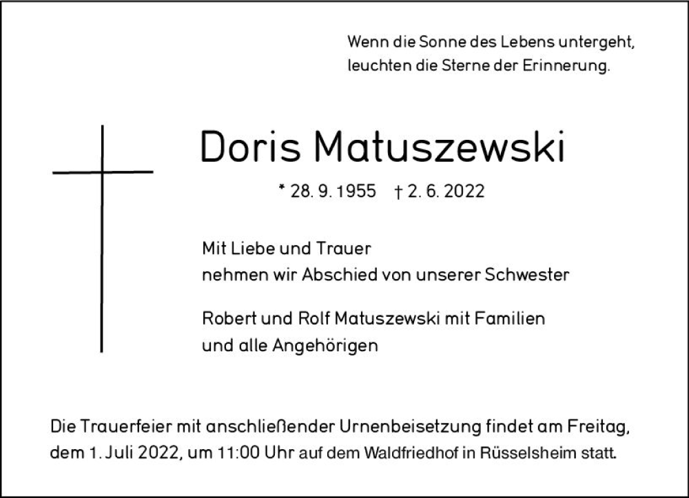  Traueranzeige für Doris Matuszewski vom 25.06.2022 aus vrm-trauer Rüsselsheimer Echo / MainSpitze
