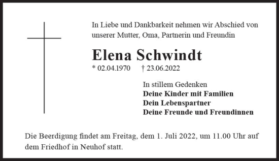 Traueranzeige von Elena Schwindt von vrm-trauer Wiesbadener Kurier