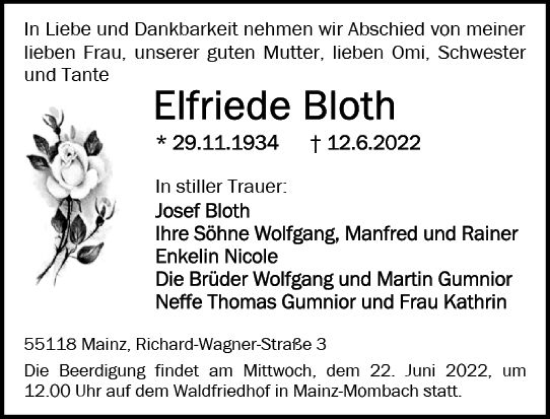 Traueranzeige von Elfriede Bloth von vrm-trauer AZ Mainz